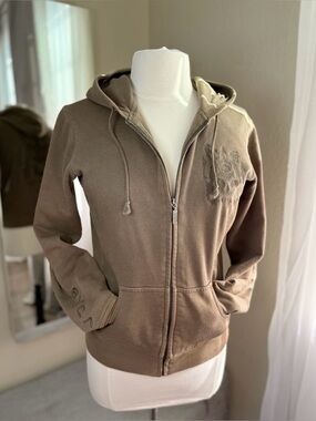 Y2K RVCA Zip Brown Hoodie M Embroidered Archive Unisex Vintage Cotton Streetwear